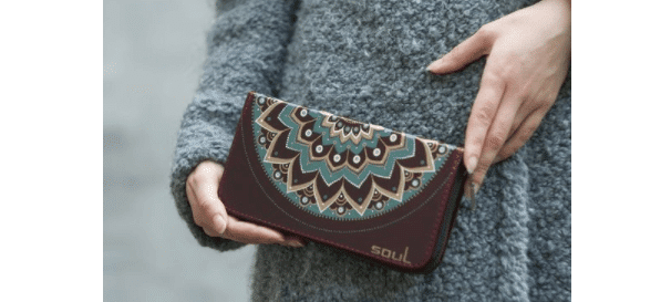 Large leather wallet with a metal zipper lock decorated with hand paintings